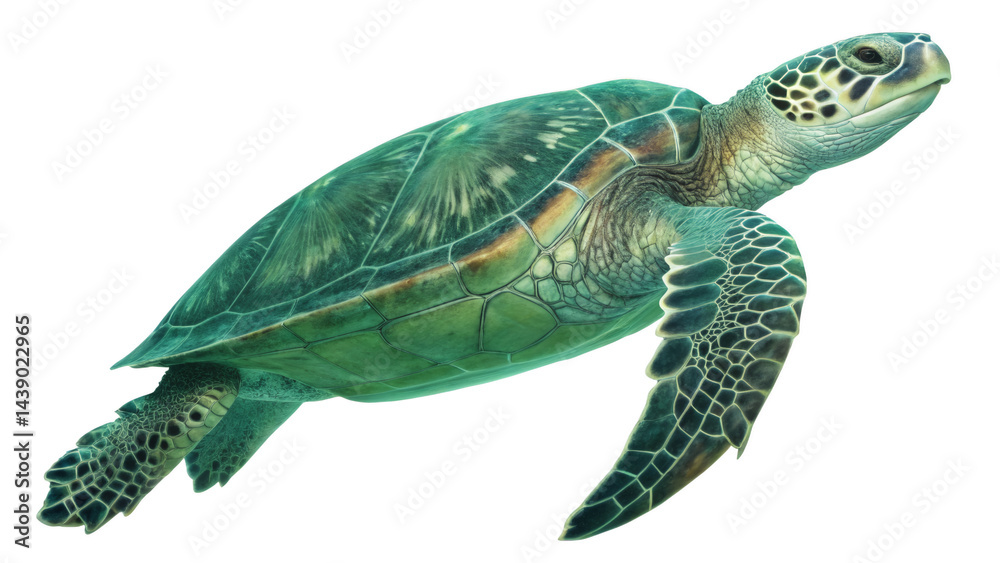 Fototapeta premium A green sea turtle swimming gracefully through the water with its patterned shell visible clearly png on transparent background