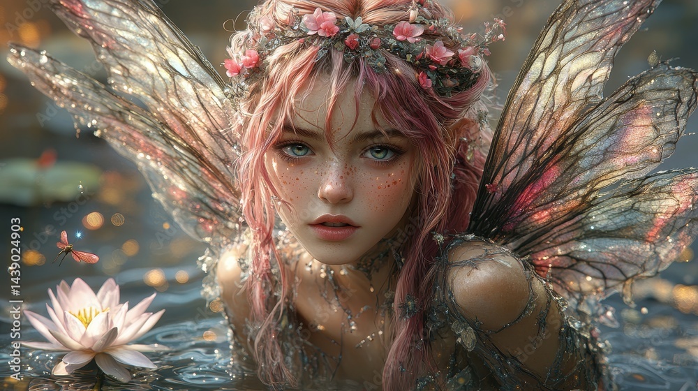 Enchanting fairy emerges from a serene pond adorned with a blooming lotus flower