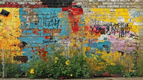 Urban graffiti wall with colorful street art and vibrant urban plants in motion