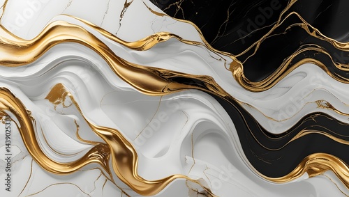 Luxurious gold and white marble texture with flowing veins on a black background.