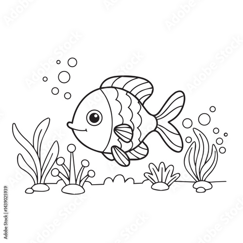 Cartoon underwater world featuring fish seaweed bubbles ideal for educational coloring sheets

