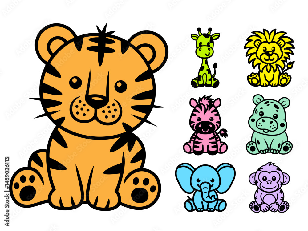 Fototapeta premium Safari Tiger Lion Zebra Hippo Giraffe Monkey Elephant Animal Logo Sign Graphic Silhouette Shape Clipart Digital Art Illustration