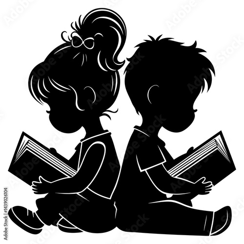 Kids Reading Books Boy Girl School Logo Sign Graphic Silhouette Shape Clipart Digital Art Illustration