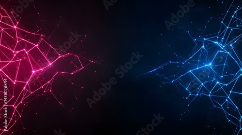 The image contains two contrasting abstract representations of networks.  One is a vibrant pink, the other a cool blue, both composed of interconnected glowing nodes and lines against a dark backgrou