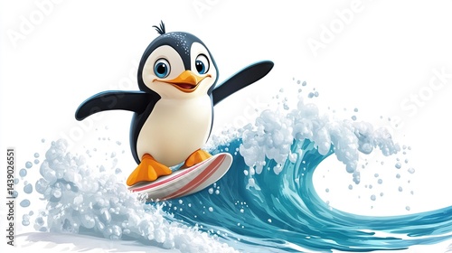 Happy penguin surfing a wave.