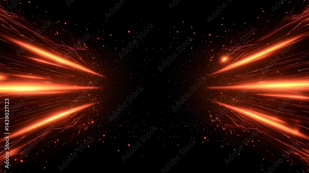 Fototapeta premium The image contains two bright orange beams of light emanating from opposite sides of a dark background, intersecting in the center. The beams are streaked with smaller, glowing particles, creating a