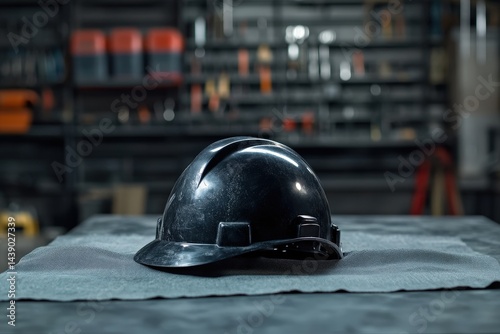 Dark safety helmet rests on a work surface in a workshop. photo