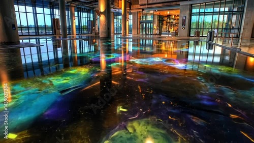Vibrant reflections on a colorful floor in a modern building with large glass windows