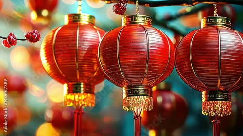 Vibrant red lanterns hanging from branches illuminating a festive atmosphere with blurred lights