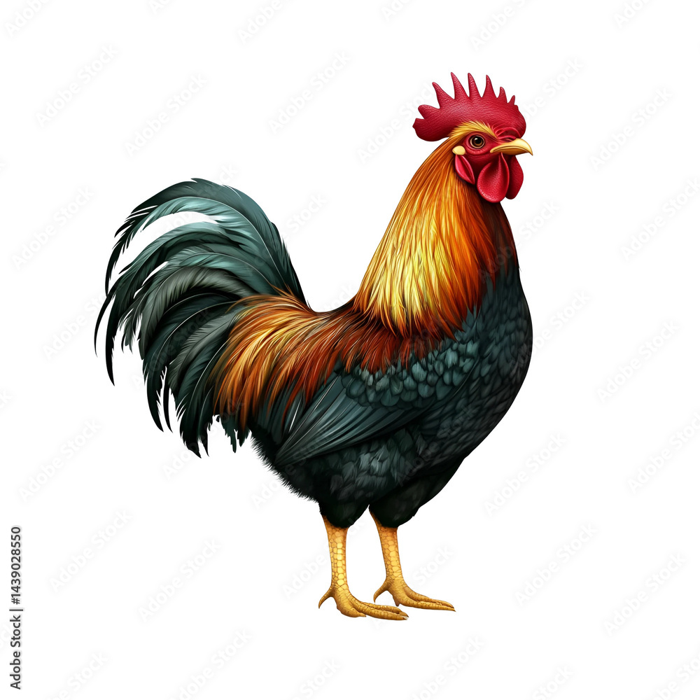 Fototapeta premium Realistic vector image of a proud rooster with vivid feathers isolated on transparent background