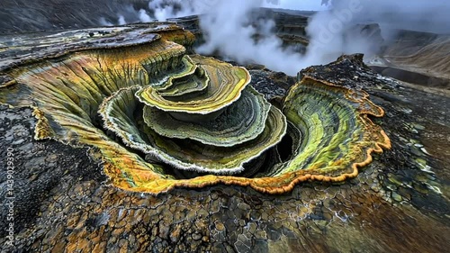 Vibrant volcanic landscape showcasing colorful mineral formations and steam vents