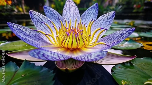 Vibrant water lily in a serene pond surrounded by lush greenery and distant architecture