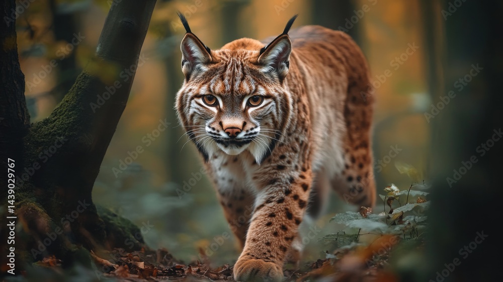 Fototapeta premium Lynx prowls through a dense forest during golden hour capturing the essence of wild nature in autumn