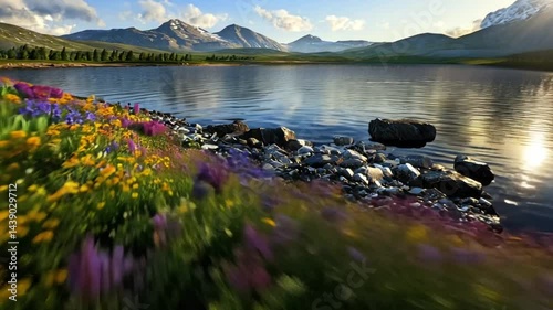 Vibrant wildflowers bloom along a serene lakeshore with mountains in the background at sunset