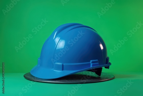 Bright blue safety helmet positioned on a dark gray plate against a vibrant green background. photo
