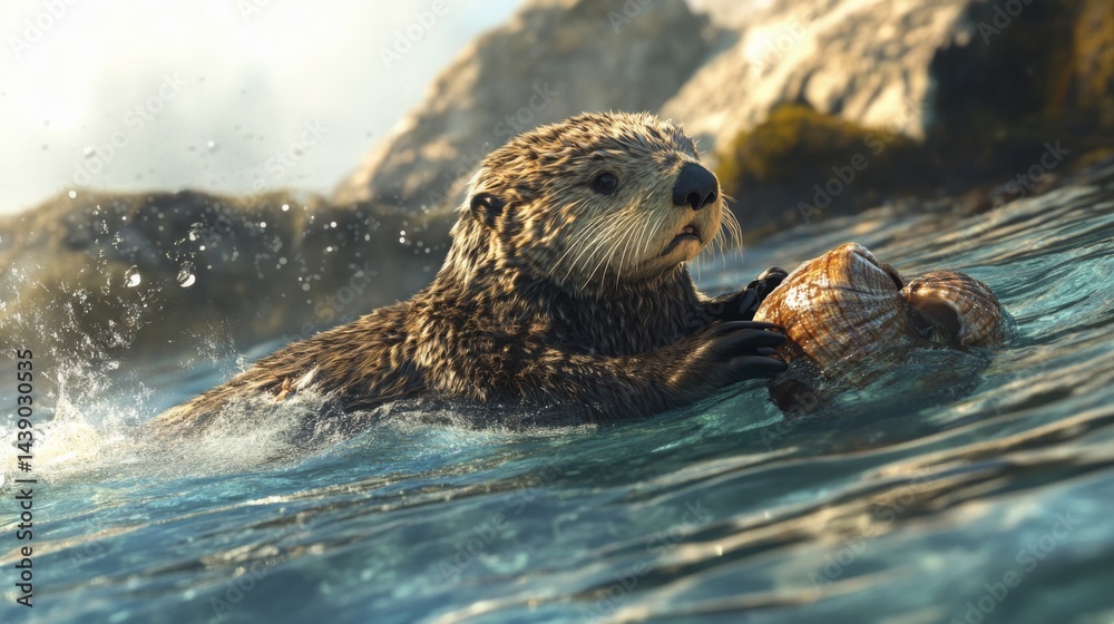 Obraz premium Otter swimming in clear water while holding a shell during a sunny day by the rocky shore