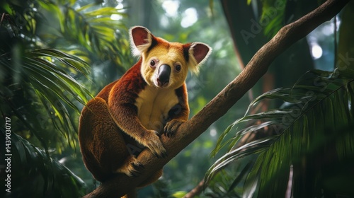 Koala resting on a branch in a lush green forest during daylight hours