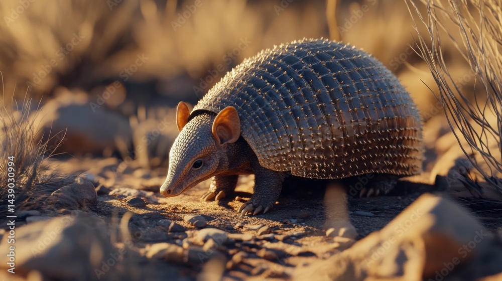 Obraz premium Armadillo wandering through rocky terrain during golden hour in a desert landscape