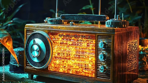 Vintage radio illuminated in a cozy indoor setting surrounded by lush green plants