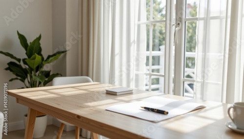 Bright Workspace with Open Notebook and Sunlight