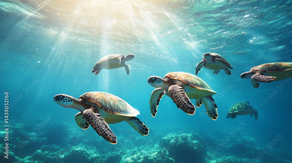 Fototapeta premium Turtles swim gracefully in a serene ocean environment under sunlit water near a vibrant coral reef
