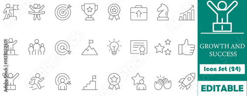 Minimalist icons showcasing growth, success, achievement, and leadership, including trophies, goals, teamwork, and progress, perfect for personal and professional development.