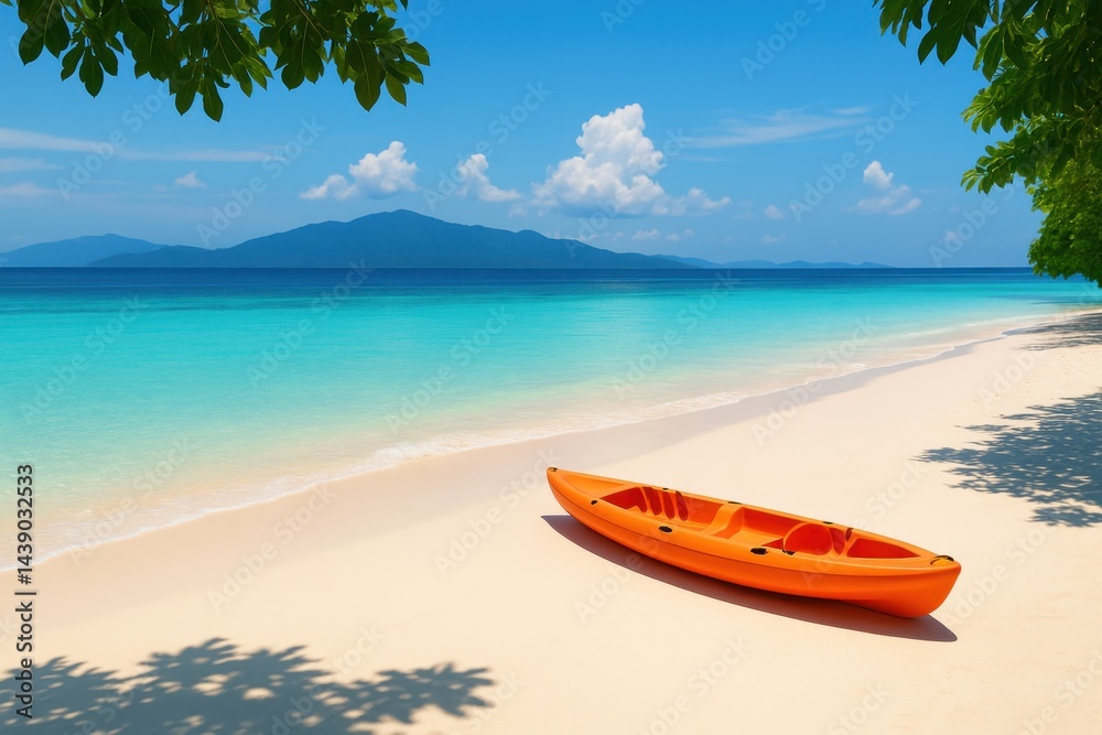 Boat anchored on sandy beach with clear blue sky and gentle waves in tropical coastal setting Boat anchored on sandy beach with clear blue sky and gentle waves in tropical coastal setting