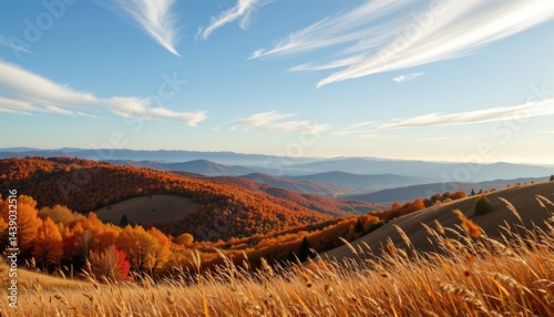 Autumn Landscape with Rolling Hills and Golden Grass