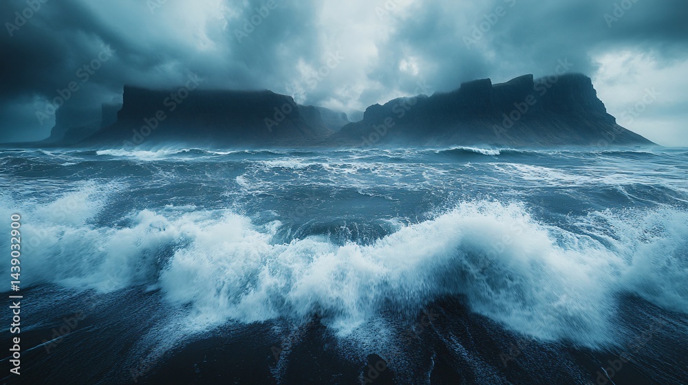 Fototapeta premium Stormy ocean waves crash against rugged cliffs dramatic seascape nature photography coastal view