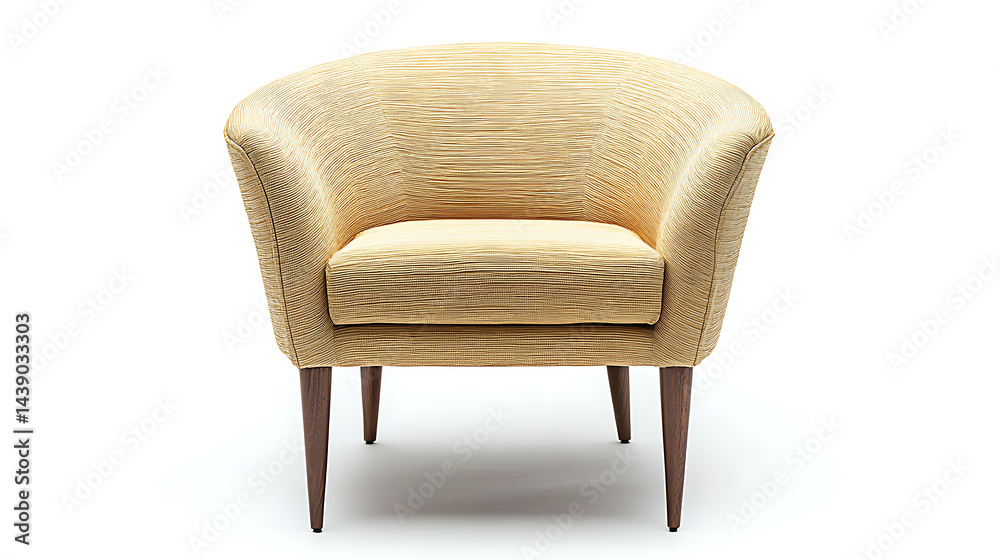 Fototapeta premium A tan chair with wooden legs sits on a white background