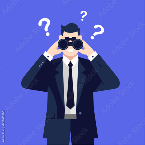 An illustration of a businessman using binoculars to search for talent, symbolizing talent scouting, recruitment, future planning, and business growth strategy.