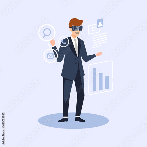 An illustration of a businessman wearing virtual reality (VR) glasses, actively interacting with a digital environment, symbolizing the use of advanced technology and innovation in the modern business