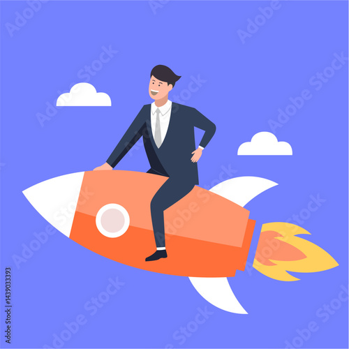 An illustration of a businessman riding a rocket as it launches into space, symbolizing groundbreaking ambition, technological innovation, and the pursuit of extraordinary goals in the business world.