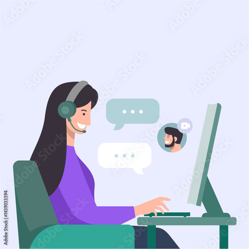 An illustration of a woman working as customer support, communicating online through her personal computer, assisting customers with inquiries and providing service in a professional, tech-driven envi
