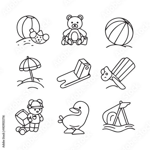 Cartoon beach scene illustrations collection with shovels pails beach balls umbrellas fantastic kids project materials summer classroom decorations

