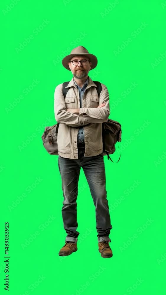 Explorer Standing Confidently: An explorer, with hat and bag, stands with arms crossed, exuding an aura of adventure and self-assurance.on green screen. Explorer Standing Confidently: An explorer, with hat and bag, stands with arms crossed, exuding an aura of adventure and self-assurance.on green screen.