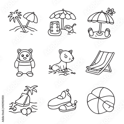 Beach themed drawing collection with playful toys umbrellas sand elements great choice seasonal poster decorations classroom art projects

