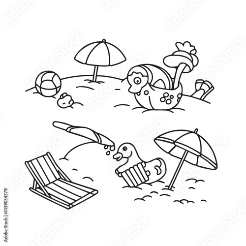 Beach vacation cartoon illustration set with sand toys beach balls umbrellas perfect creative assets party invitations educational worksheets

