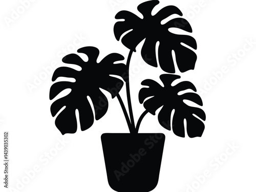 Monstera deliciosa plant in pot silhouette vector, Potted plant with monstera silhouette potted black vector illustration.