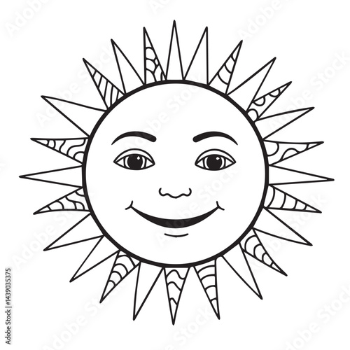 Adorable hand illustrated sun character beaming face charming sunrays perfect touch kids birthday cards school art projects sunny day themes


