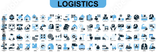 Set of logistics icon vector for comprehensive supply chain, transportation, and distribution elements. Ideal for export import, global trade, and logistics operations illustration.