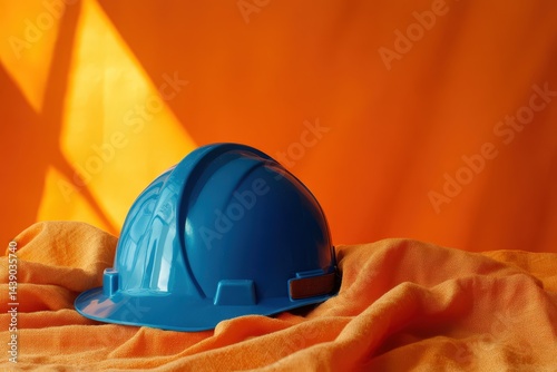 Bright blue safety helmet resting on orange fabric. photo