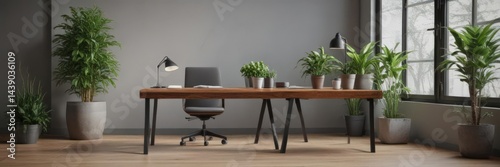 Sleek wooden desk, potted plants, bright modern office,  office setting,  organized