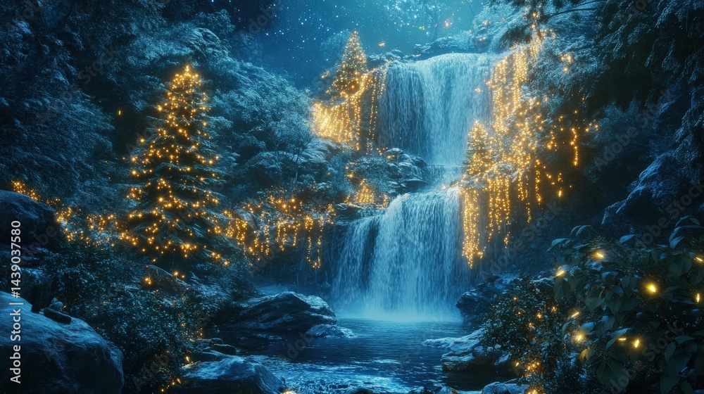 Obraz premium Illuminated Christmas waterfall cascading through snowy forest.