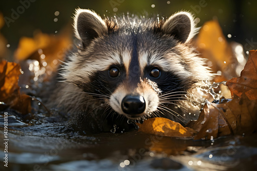 Playful Raccoon in Autumn Water with Golden Hour Lighting