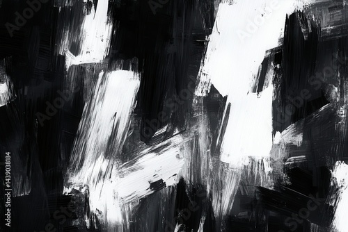 Abstract monochrome brushstrokes.  A dynamic interplay of black and white paint applications creating an energetic visual texture