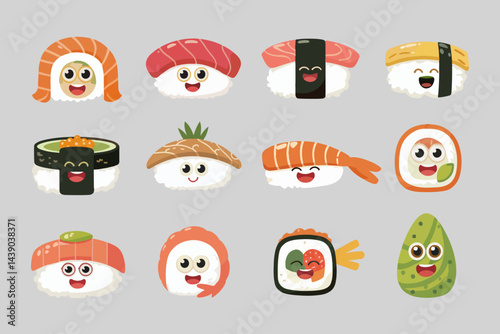 Cute cartoon sushi set with various toppings and smiling faces. Includes nigiri, maki, and gunkan. Colorful and playful food illustration.