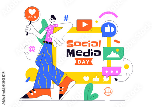 Social Media Day Vector Illustration featuring Social Network icons on a Smartphone, Connecting People Together in a Flat Style Cartoon Background