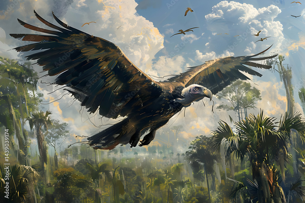 Fototapeta premium Powerful Brown Vulture Soaring Over Lush Tropical Jungle