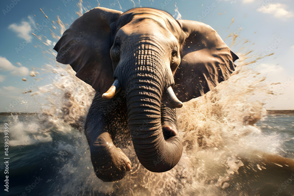 Powerful Elephant Charging Through Water Splash